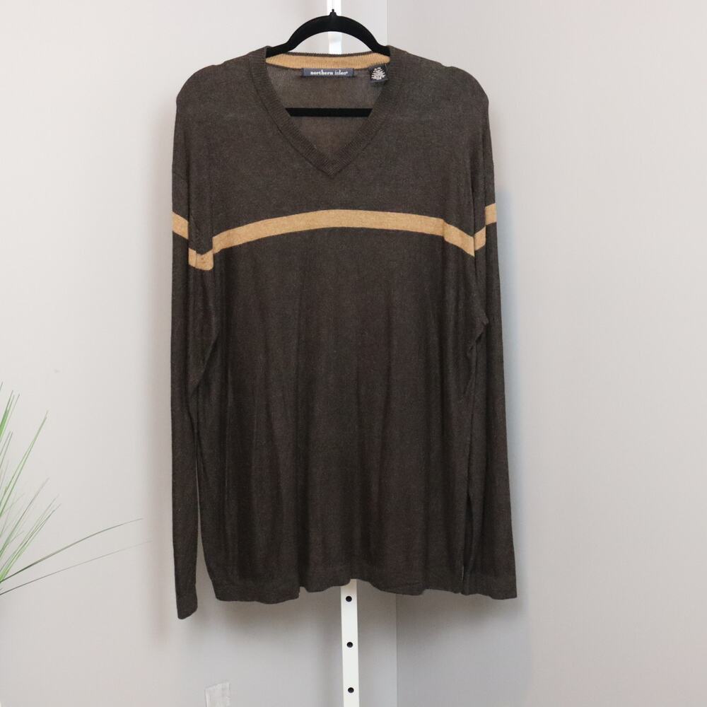 Vintage Northern Isles V-Neck Sweater Silk Rayon Cashmere Brown Stripe Men's L